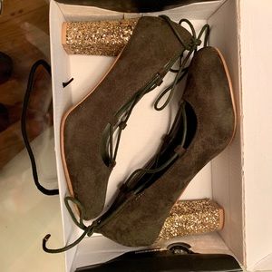 SOLD!! Olive Suede Glitter Heels (8.5)